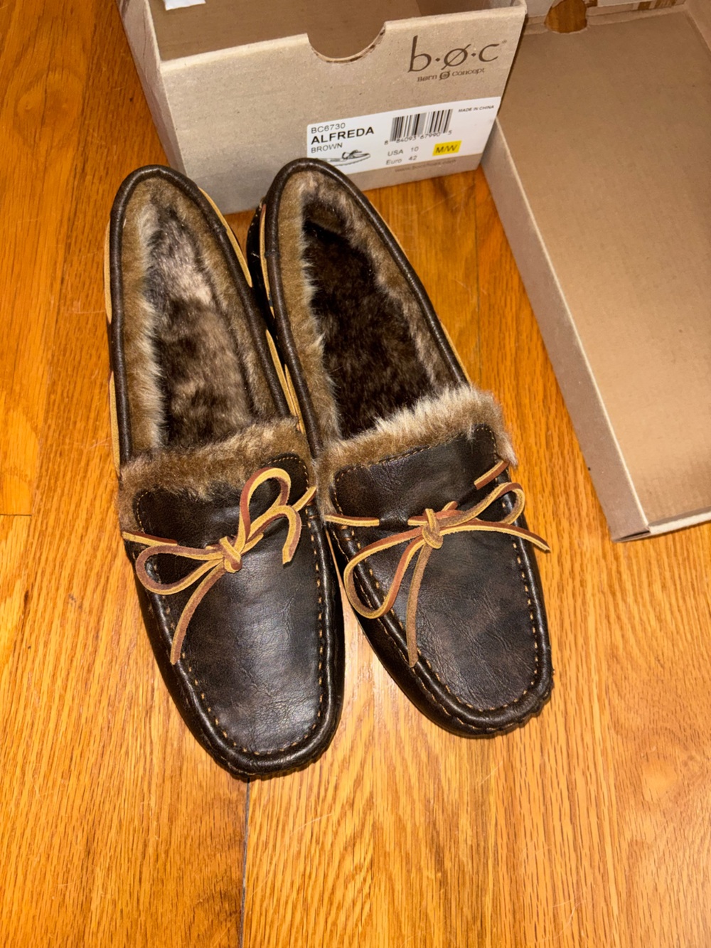 b.o.c. Brown Leather Moccasin Slippers with Faux-Fur Trim